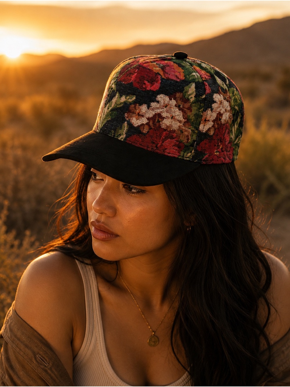 Floral Tapestry Pattern Suede Bill Snapback Hat Adjustable Vintage Cap